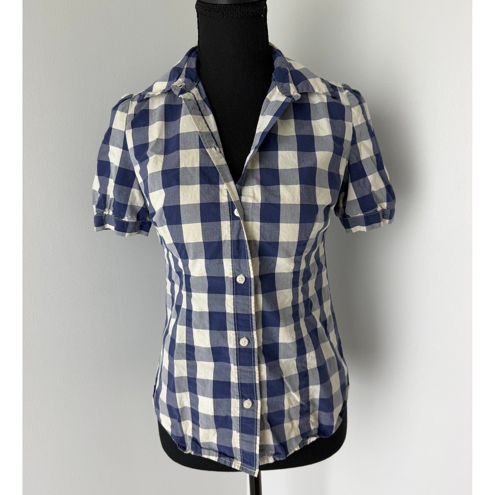 Y2K American Eagle Gingham Button-Down Short Puff-Sleeve Cotton Coquette Summer
